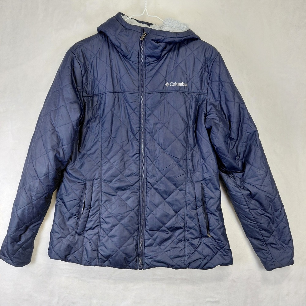 Columbia Womens Navy Blue Quilted Hooded Fleece Lined Puffer Jacket Large